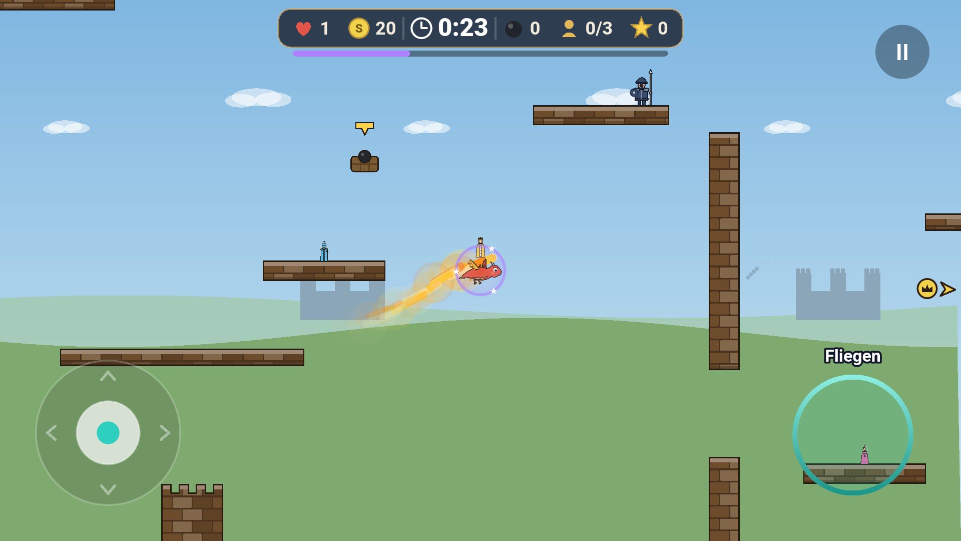 Level 14: Der Drache fliegt mit dem König durch das Level, hinter ihm der Funkenregen, um ihn der Schutzring eines Sterns. Oben rechts steht ein Wächter mit Speer und Schild, weiter links zeigt ein gelber Pfeil auf ein Kugeldepot. Auf den Plattformen warten der Ritter und die Prinzessin. Am rechten Rand zeigt ein kleiner Pfeil mit Krone den Weg zum Palast.