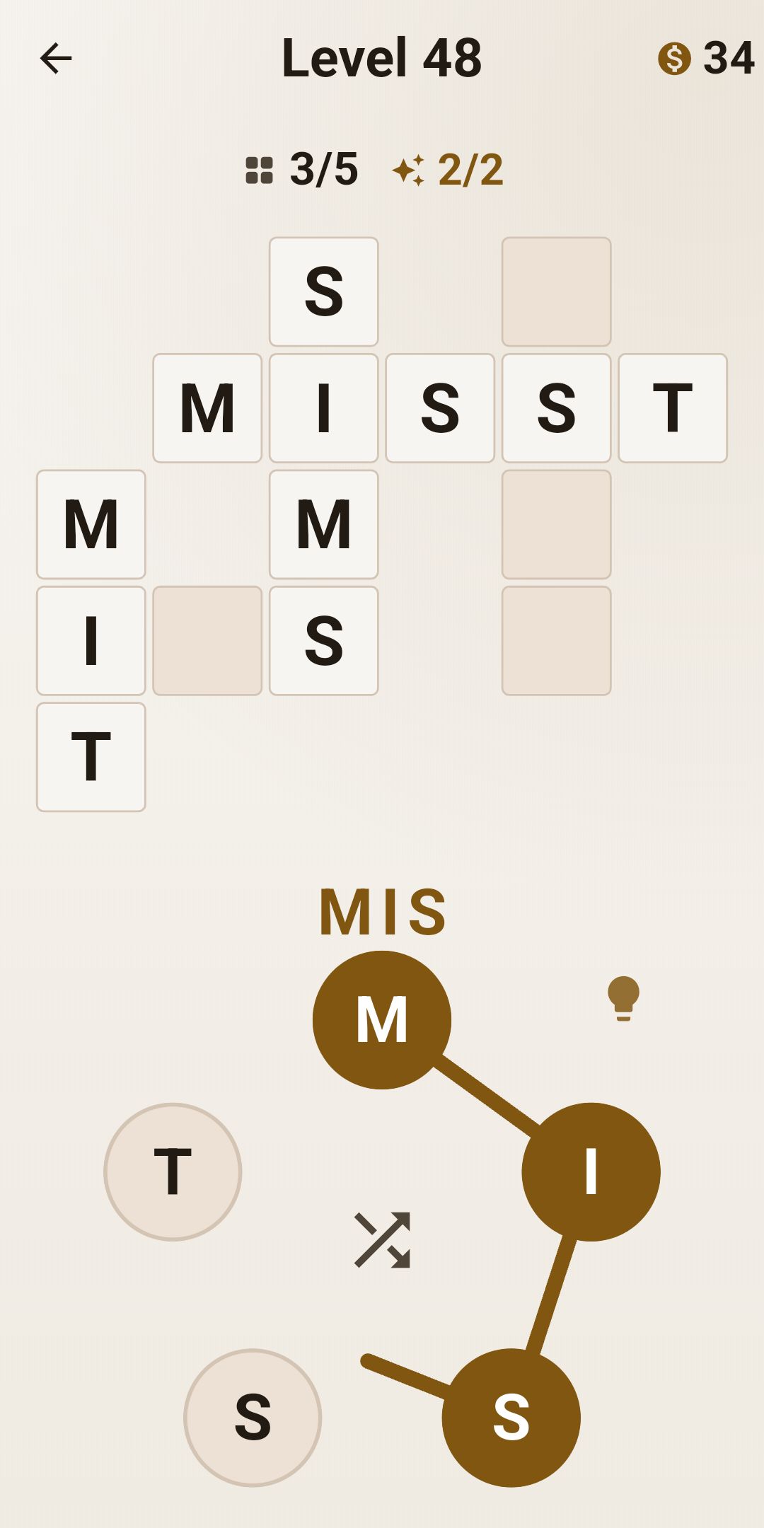 Level 48: oben das teilweise gefüllte Kreuzworträtsel mit MISST und MIT, unten das Buchstabenrad. Ein Wisch verbindet M, I und S, darüber steht die Vorschau „MIS".