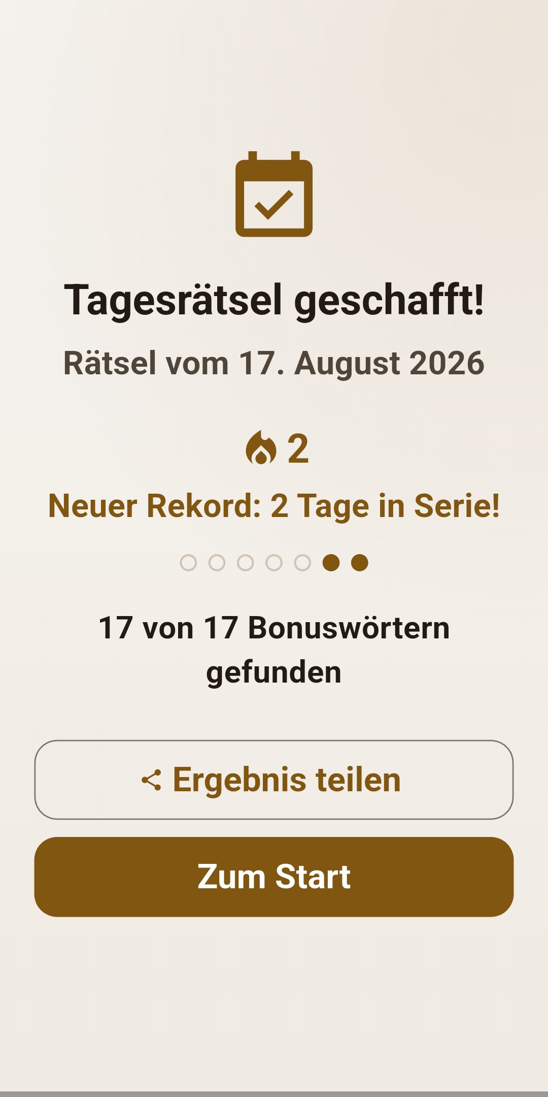 Der Bildschirm „Tagesrätsel geschafft!" mit dem Datum des Rätsels, dem Serienzähler, einer Sieben-Tage-Punktreihe, der Zahl der gefundenen Bonuswörter und dem Knopf „Ergebnis teilen".